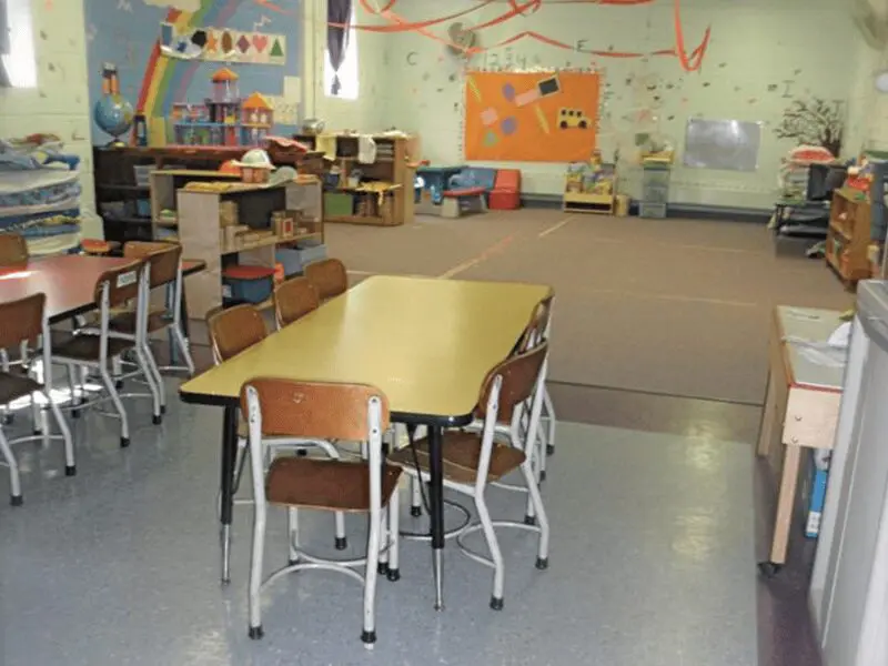 A classroom with tables and chairs in it